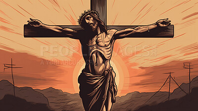 Jesus, illustration and crucifix cross at sunset for faith, religion and belief on spiritual holiday, Good Friday and hope. Ai generated, Christ and man on crucifixion at sunrise for religious art