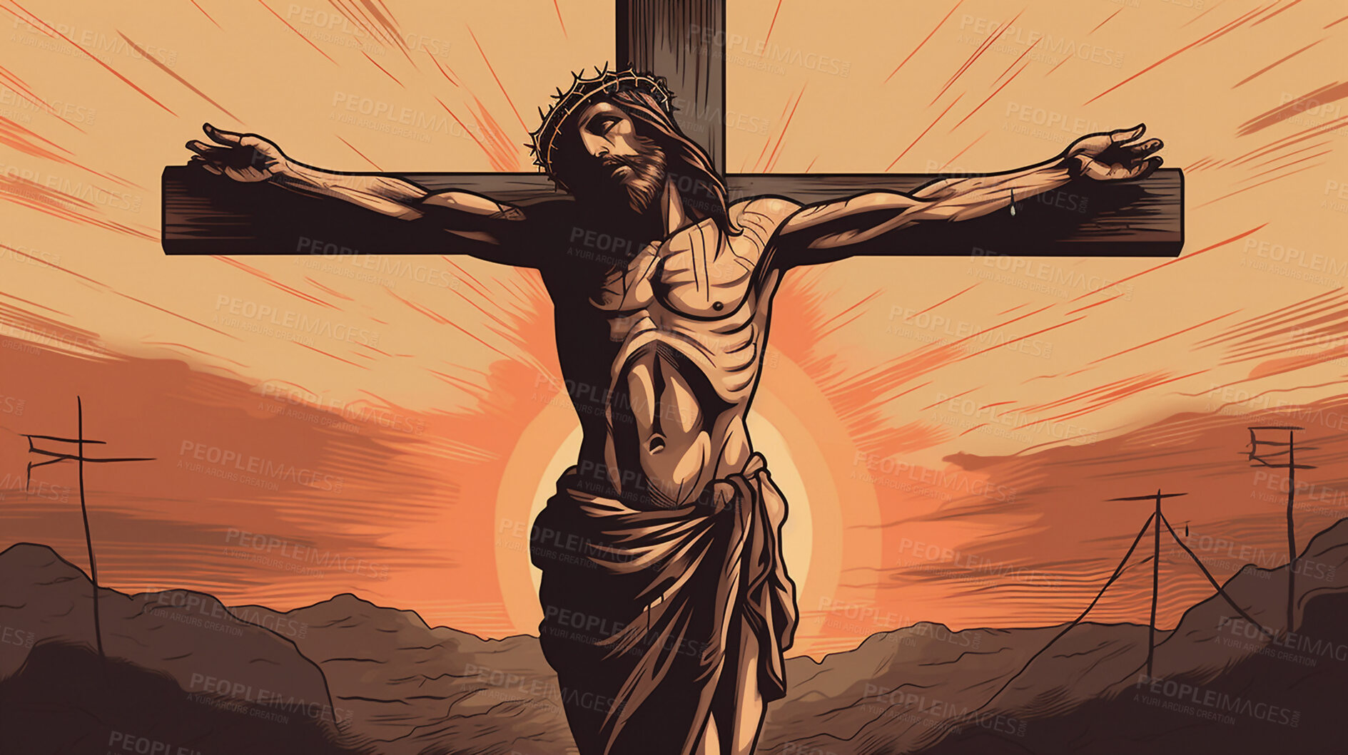 Buy stock photo Jesus, illustration and crucifix cross at sunset for faith, religion and belief on spiritual holiday, Good Friday and hope. Ai generated, Christ and man on crucifixion at sunrise for religious art