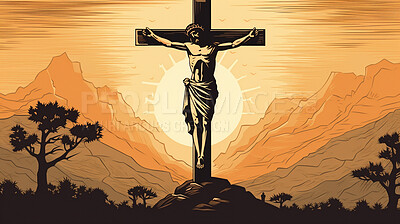Jesus, illustration and crucifixion on cross at sunset for faith, religion and belief on spiritual holiday, Good Friday and hope. Ai generated, Christ and man on crucifix at sunrise for religious art