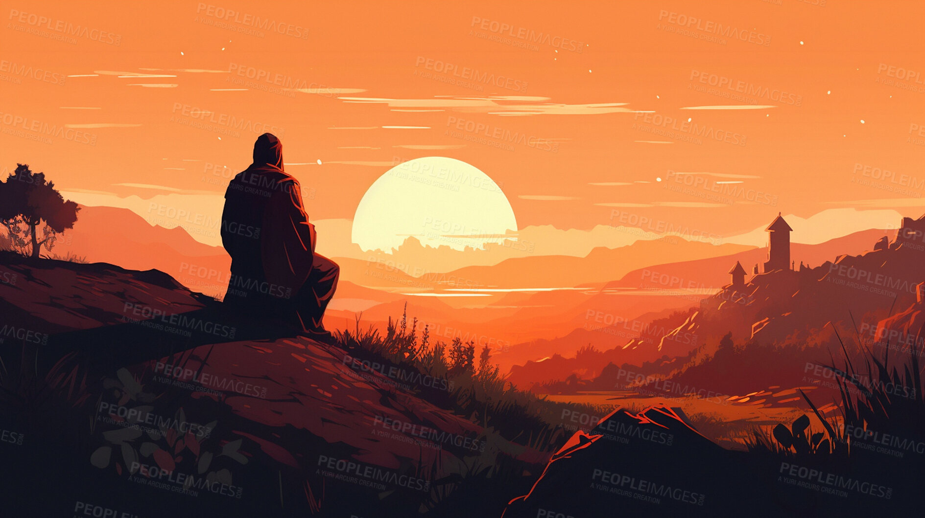 Buy stock photo Person, silhouette and illustration on sunset mountains for faith, religion and belief for spiritual holiday, event and day. Ai generated, shadow and landscape sunrise for religious creative art