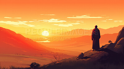 Person, silhouette and illustration on sunrise mountains for faith, religion and belief for spiritual holiday, event and day. Ai generated, shadow and landscape sunset for religious creative art