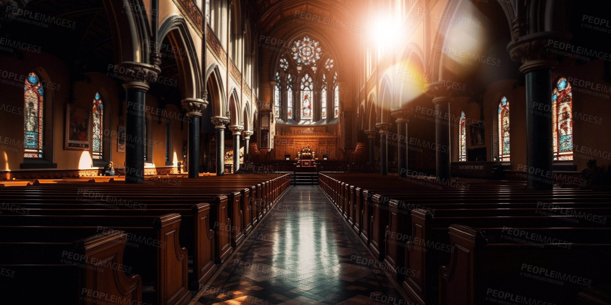 Buy stock photo Shadow, dark and empty church with benches, wooden seating and pews for religion, faith and Christian mass. Ai generated, cathedral and chapel furniture for holy spirituality, sermon and Catholicism