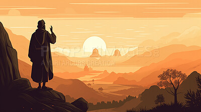 Person, silhouette and illustration on sunrise mountains for Jewish faith, religion and belief for Hannukah, passover or yom kippur. Ai generated, Jew and landscape sunset in religious Judaism art