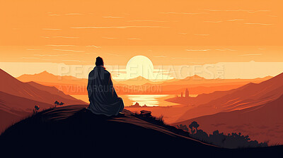 Person, illustration and silhouette on sunset landscape for Buddhism faith, religion and belief for peace, calm and meditation. Ai generated, monk and religious Buddhist on sunrise mountains art