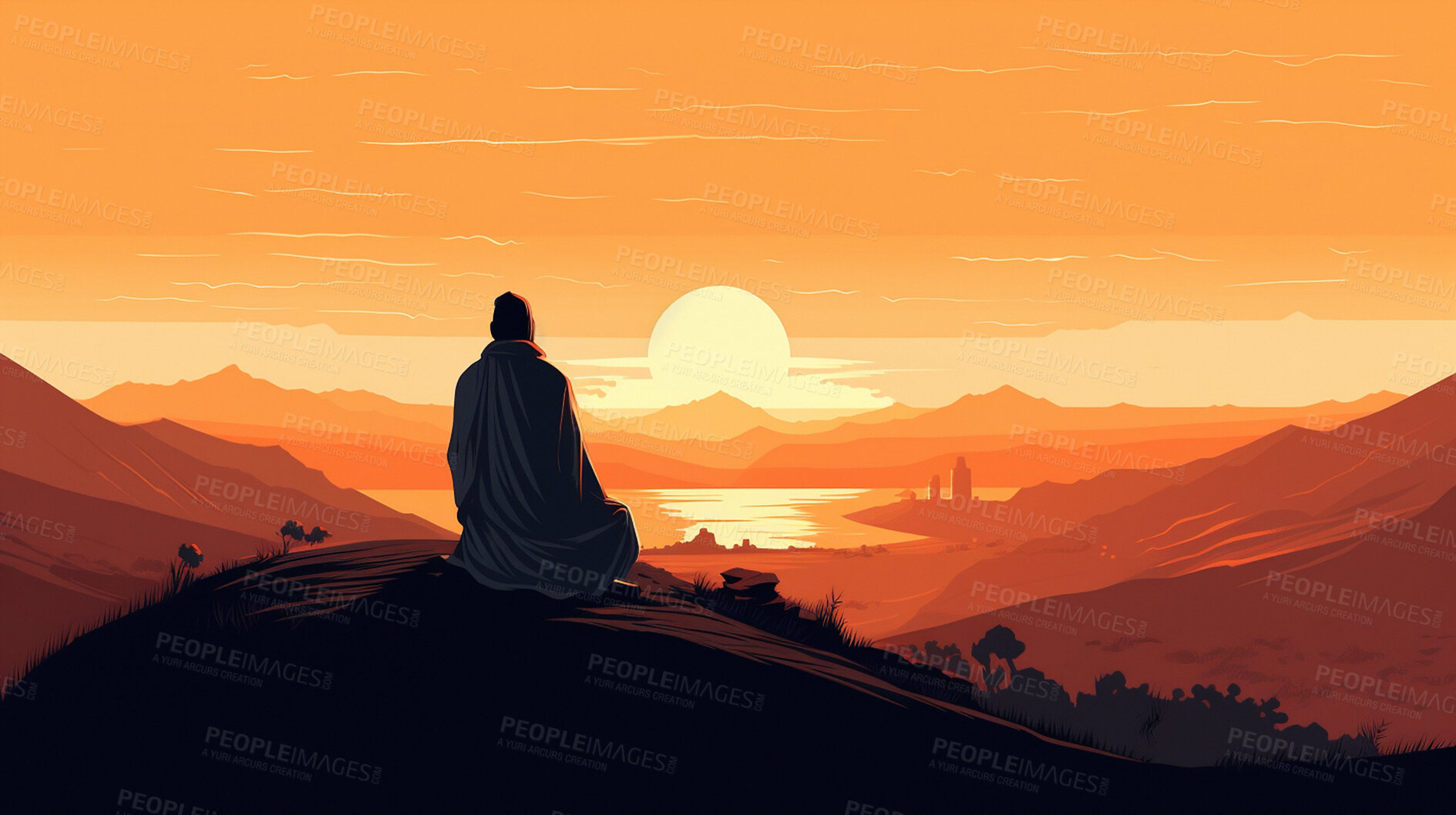 Buy stock photo Person, illustration and silhouette on sunset landscape for Buddhism faith, religion and belief for peace, calm and meditation. Ai generated, monk and religious Buddhist on sunrise mountains art