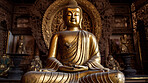 Monument, gold and buddha in temple religion, spirituality and faith at Buddhism sunset. Ai generated statue, metal or symbol for Buddhist zen, calm and peace in hope, meditation and sunrise belief