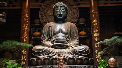 Monument, brass and buddha in temple religion, spirituality and faith at Buddhism sunset. Ai generated statue, metal or symbol for Buddhist zen, calm and peace in hope, meditation and sunrise belief
