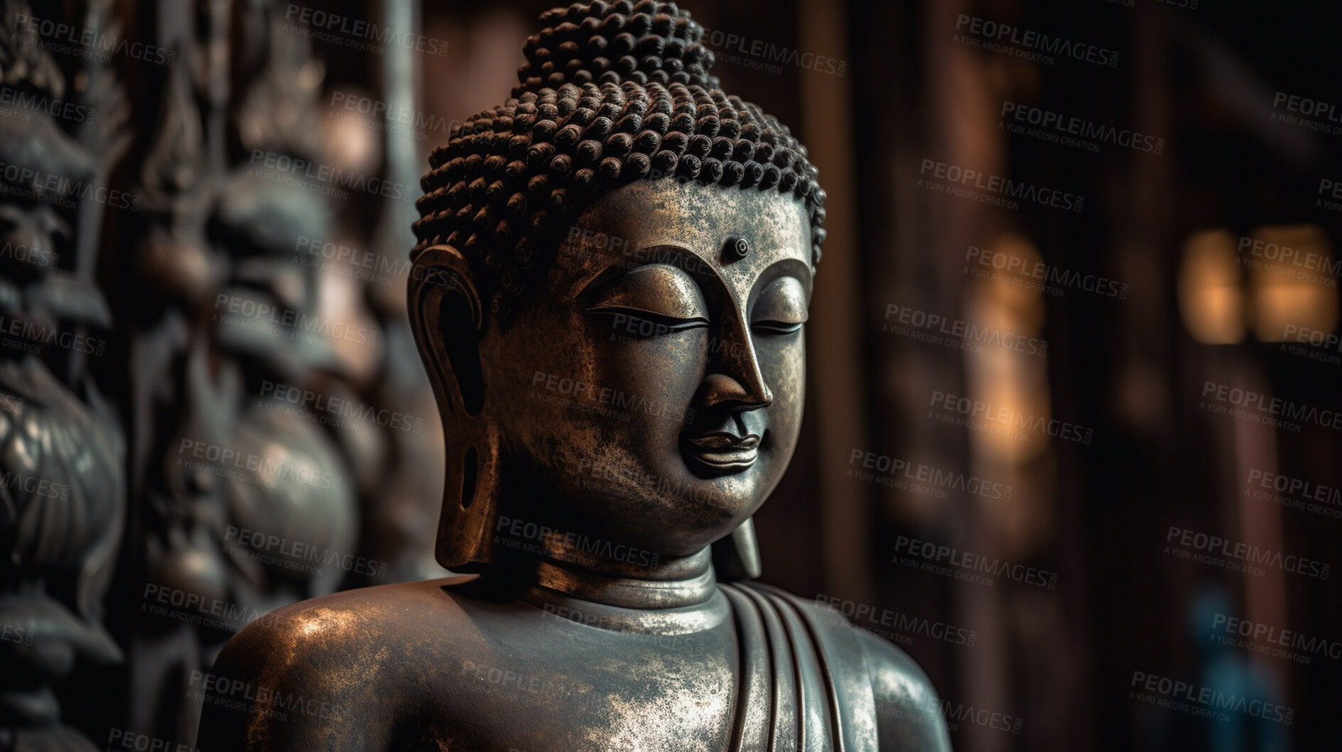 Buy stock photo Monument, brass and buddha in temple spirituality, faith and religion at Buddhism sunset. Ai generated statue, metal or symbol for Buddhist zen, calm and peace in hope, meditation and sunrise belief