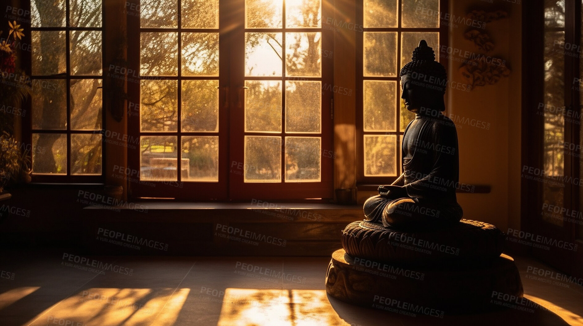 Buy stock photo Metal, brass and buddha in temple faith, spirituality and religion at Buddhism sunset. Ai generated statue, monument or symbol for Buddhist zen, calm and peace in hope, meditation and sunrise belief