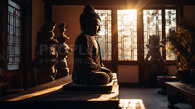 Metal, brass and buddha in temple for spirituality, religion and Buddhism sunset faith. Ai generated statue, monument or symbol for Buddhist zen, calm and peace in hope, meditation and sunrise belief