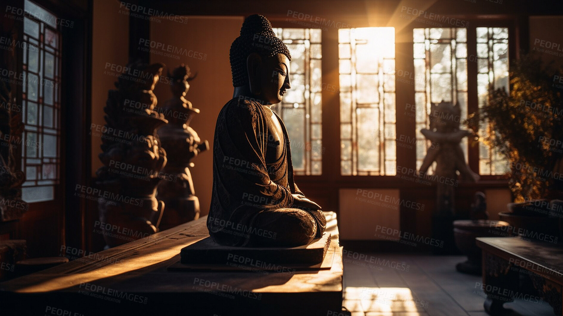 Buy stock photo Metal, brass and buddha in temple for spirituality, religion and Buddhism sunset faith. Ai generated statue, monument or symbol for Buddhist zen, calm and peace in hope, meditation and sunrise belief