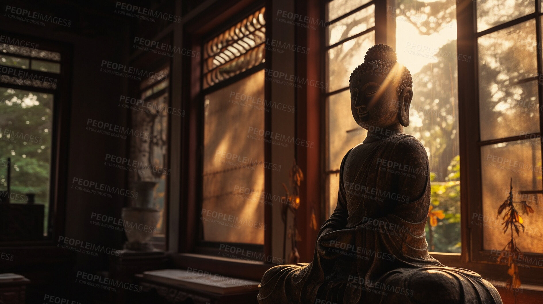 Buy stock photo Metal, brass and buddha in temple for religion, spirituality and Buddhism sunset faith. Ai generated statue, monument or symbol for Buddhist zen, calm and peace in hope, meditation and sunrise belief