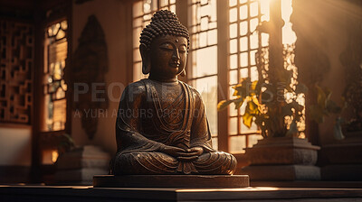 Metal, brass and buddha in temple faith, spirituality and religion at Buddhism sunset. Ai generated statue, monument or symbol for Buddhist zen, calm and peace in hope, meditation and sunrise belief