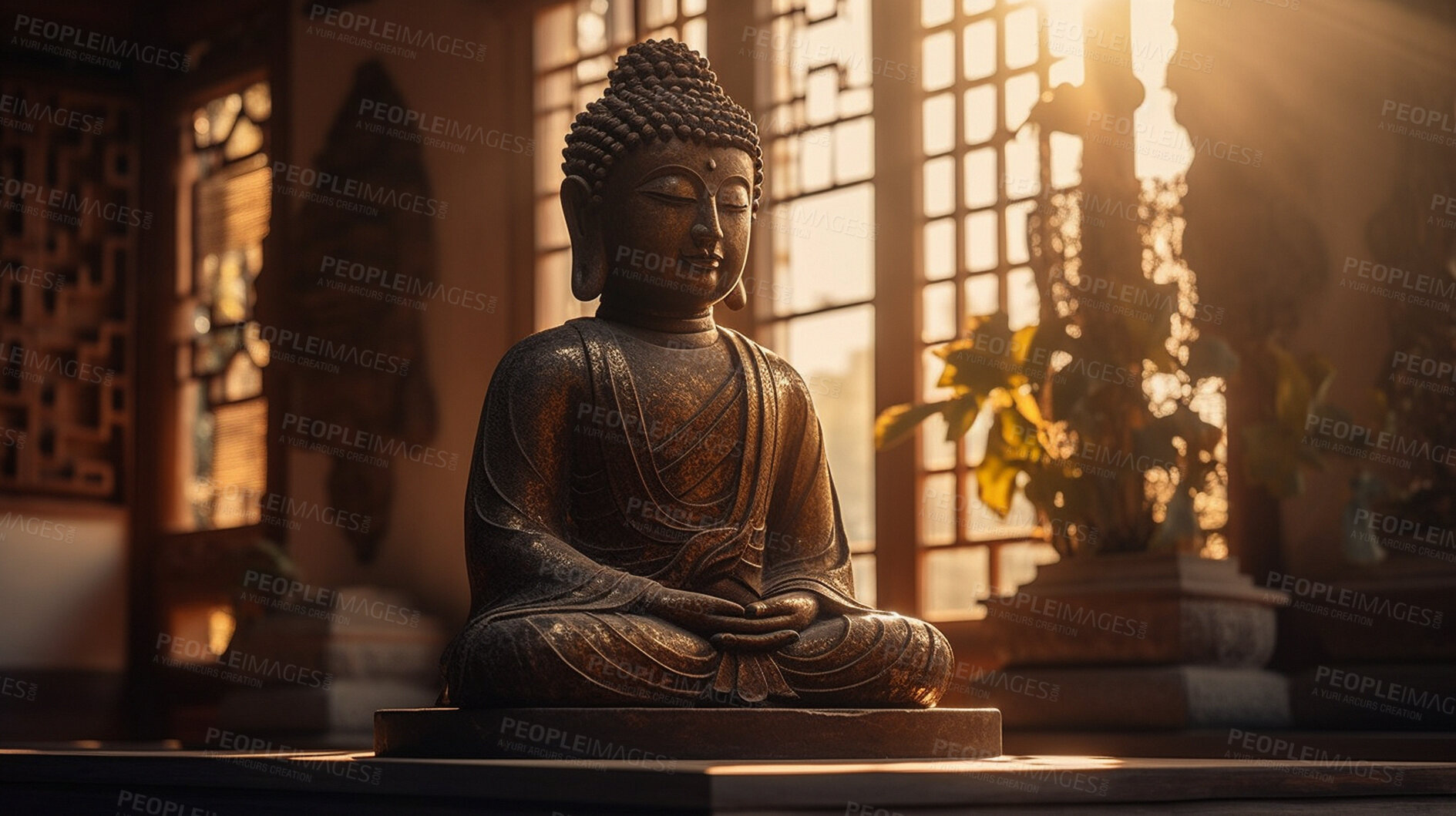 Buy stock photo Metal, brass and buddha in temple faith, spirituality and religion at Buddhism sunset. Ai generated statue, monument or symbol for Buddhist zen, calm and peace in hope, meditation and sunrise belief