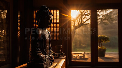 Metal, brass and buddha in temple spirituality, faith and religion at Buddhism sunset. Ai generated statue, monument or symbol for Buddhist zen, calm and peace in hope, meditation and sunrise belief