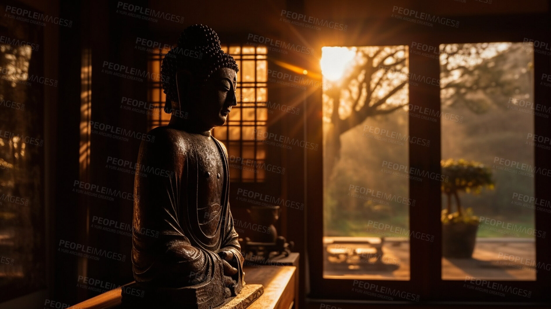 Buy stock photo Metal, brass and buddha in temple spirituality, faith and religion at Buddhism sunset. Ai generated statue, monument or symbol for Buddhist zen, calm and peace in hope, meditation and sunrise belief