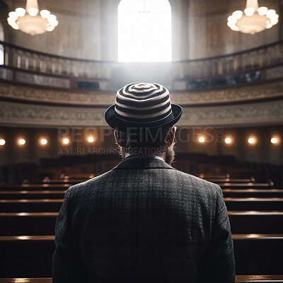 Old man, orthodox and synagogue for Jewish back in faith, religion or belief for Hannukah, passover or yom kippur. Ai generated, mature and male person in religious Judaism or spirituality building