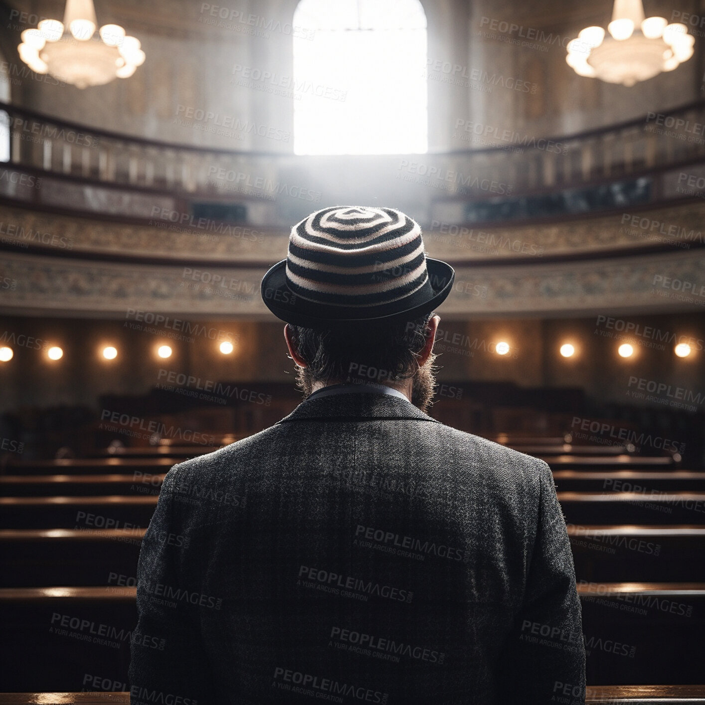 Buy stock photo Old man, orthodox and synagogue for Jewish back in faith, religion or belief for Hannukah, passover or yom kippur. Ai generated, mature and male person in religious Judaism or spirituality building