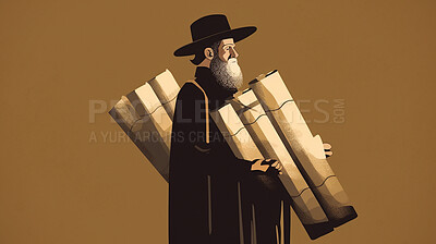 Old man, Jewish and illustration with paper scroll for faith, religion and belief in Hannukah, passover and yom kippur. Ai generated documents, senior and person with religious Judaism scripture