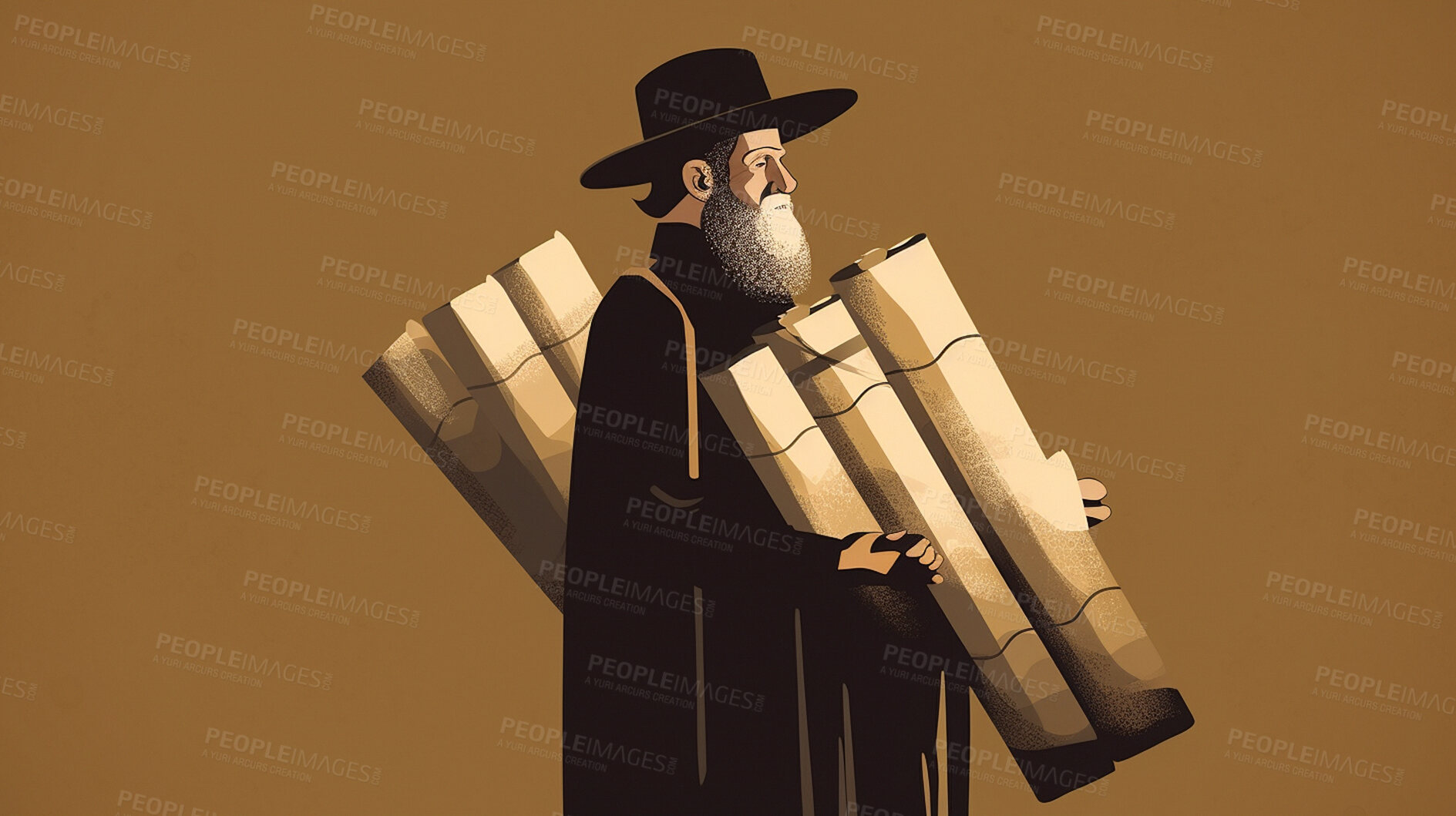 Buy stock photo Old man, Jewish and illustration with paper scroll for faith, religion and belief in Hannukah, passover and yom kippur. Ai generated documents, senior and person with religious Judaism scripture