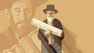 Senior man, Jewish and illustration with paper scroll for faith, religion and belief in Hannukah, passover and yom kippur. Ai generated documents, elderly and person with religious Judaism scripture