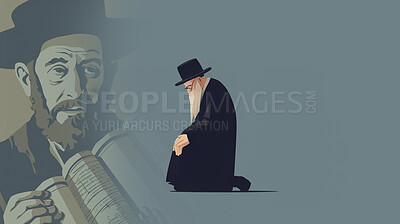 Elderly man, Jewish and illustration praying for faith, religion and belief in Hannukah, passover and yom kippur. Ai generated prayer, senior and male person in religious Judaism on mockup space art