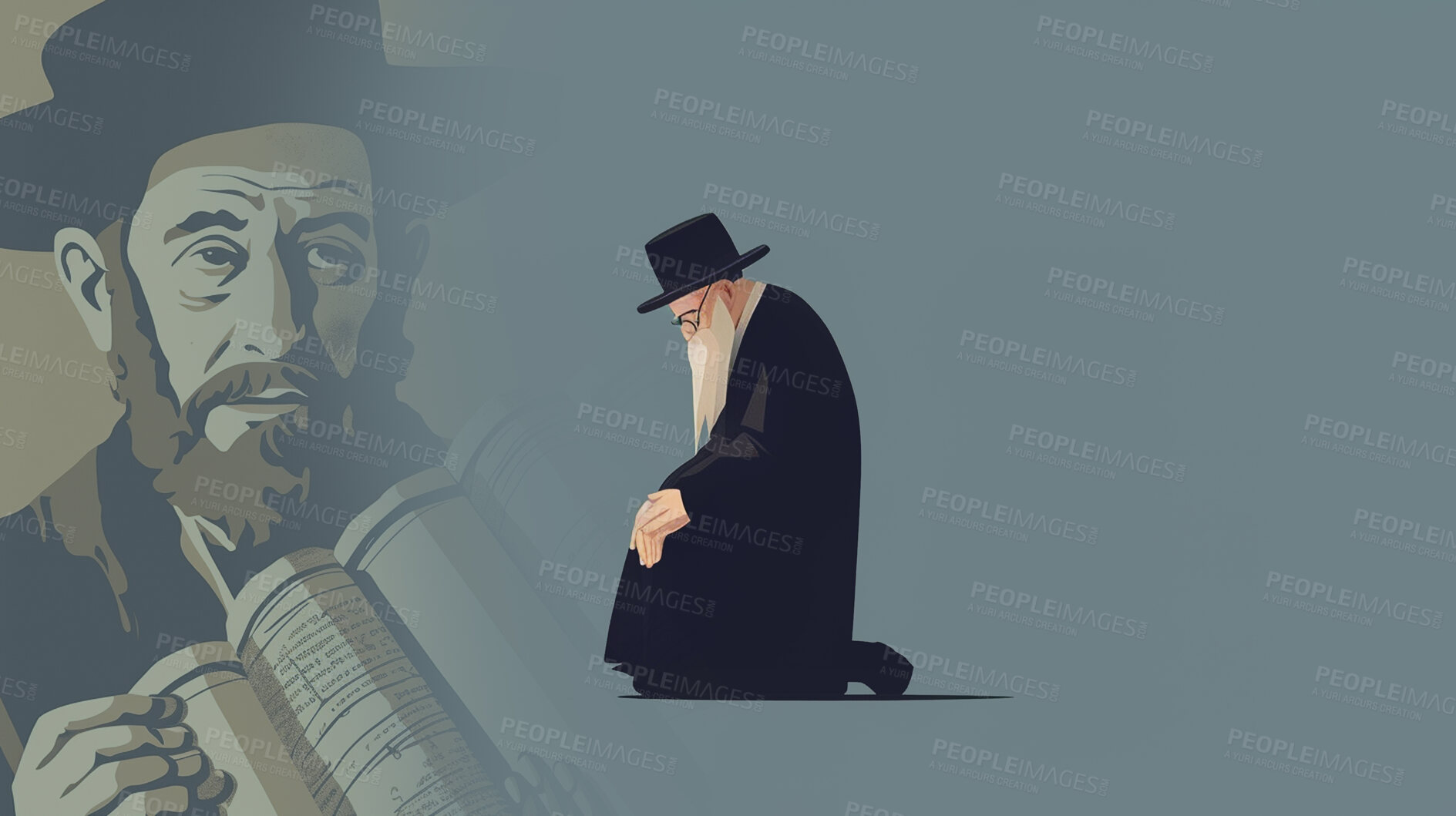 Buy stock photo Elderly man, Jewish and illustration praying for faith, religion and belief in Hannukah, passover and yom kippur. Ai generated prayer, senior and male person in religious Judaism on mockup space art