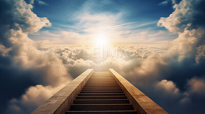 Stairs, steps and way to heaven for God, religion and faith in spiritual passage, architecture and blue sky paradise. Ai generated, staircase and sunlight step for Catholic and Christian afterlife