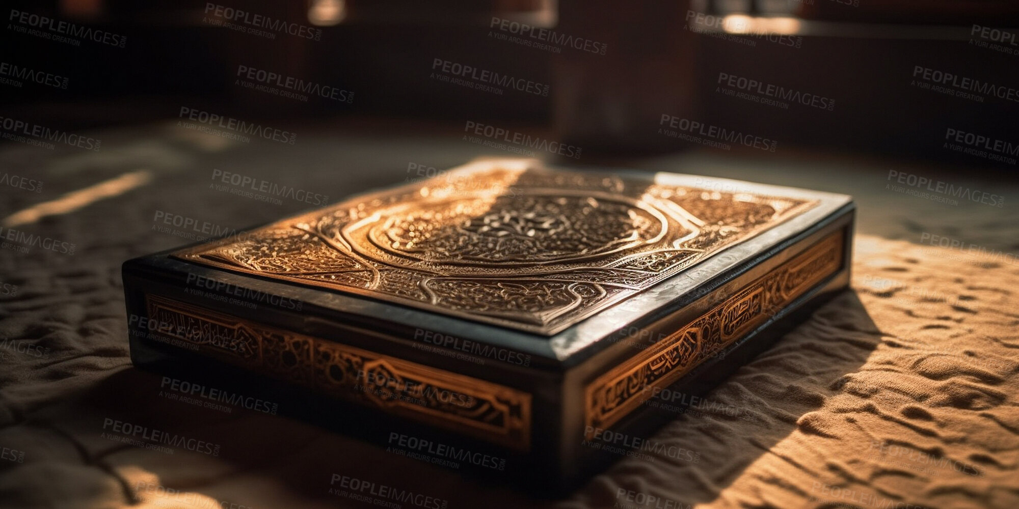 Buy stock photo Closeup, book and quran in mosque for Islam religion, faith and belief for Eid, Ramadan and Mecca praying. Ai generated, books and religious scripture for Muslim prophecy, theology and spirituality
