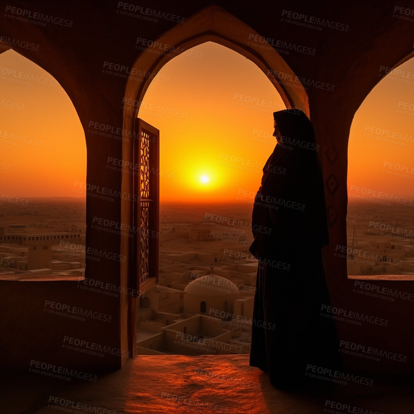 Buy stock photo Woman, silhouette and sunrise mosque for Islamic faith, religion belief for Eid, Ramadan and Mecca praying. Ai generated, female person and religious Muslim in spirituality building at sunset