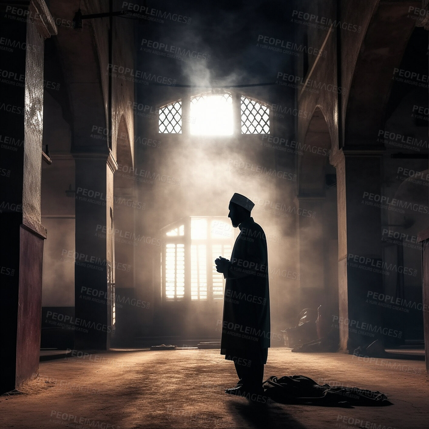 Buy stock photo Man, silhouette and mosque for Islamic faith, religion belief for Eid, Ramadan and Mecca praying at sunset. Ai generated, male person and religious Muslim in spirituality building at sunrise