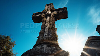 Low angle, stone and cross statue in church garden for religion, spirituality or Catholic faith. Ai generated, monument or symbol for Christianity prayer, calm or peace in hope, crucifixion or belief