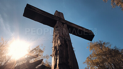 Low angle, wood or cross statue in blue sky church for religion, spirituality or Catholic faith. Ai generated, monument or symbol for Christianity prayer, calm or peace in hope or crucifixion belief