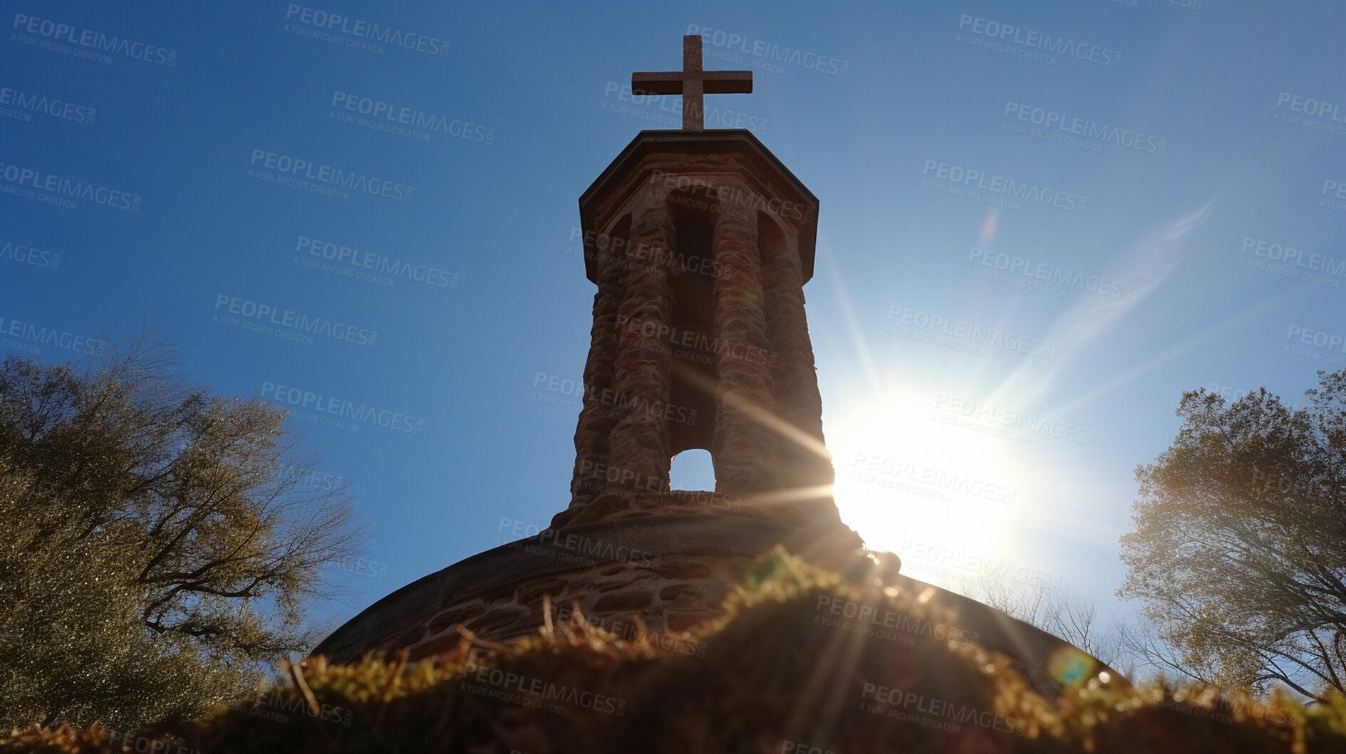 Buy stock photo Low angle, stone or cross statue on pillar by blue sky for religion, spirituality hope or Catholic faith. Ai generated, monument or symbol of Christianity prayer, calm or peace in crucifixion belief