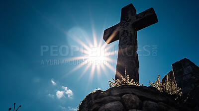 Low angle, stone or cross statue in blue sky church for religion, spirituality or Catholic faith. Ai generated, monument or symbol for Christianity prayer, calm or peace in hope or crucifixion belief