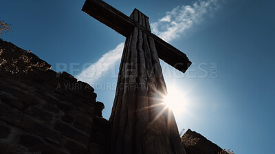 Low angle, wood and cross statue in church garden for religion, spirituality or Catholic faith. Ai generated, monument or symbol for Christianity prayer, calm or peace in hope, crucifixion or belief