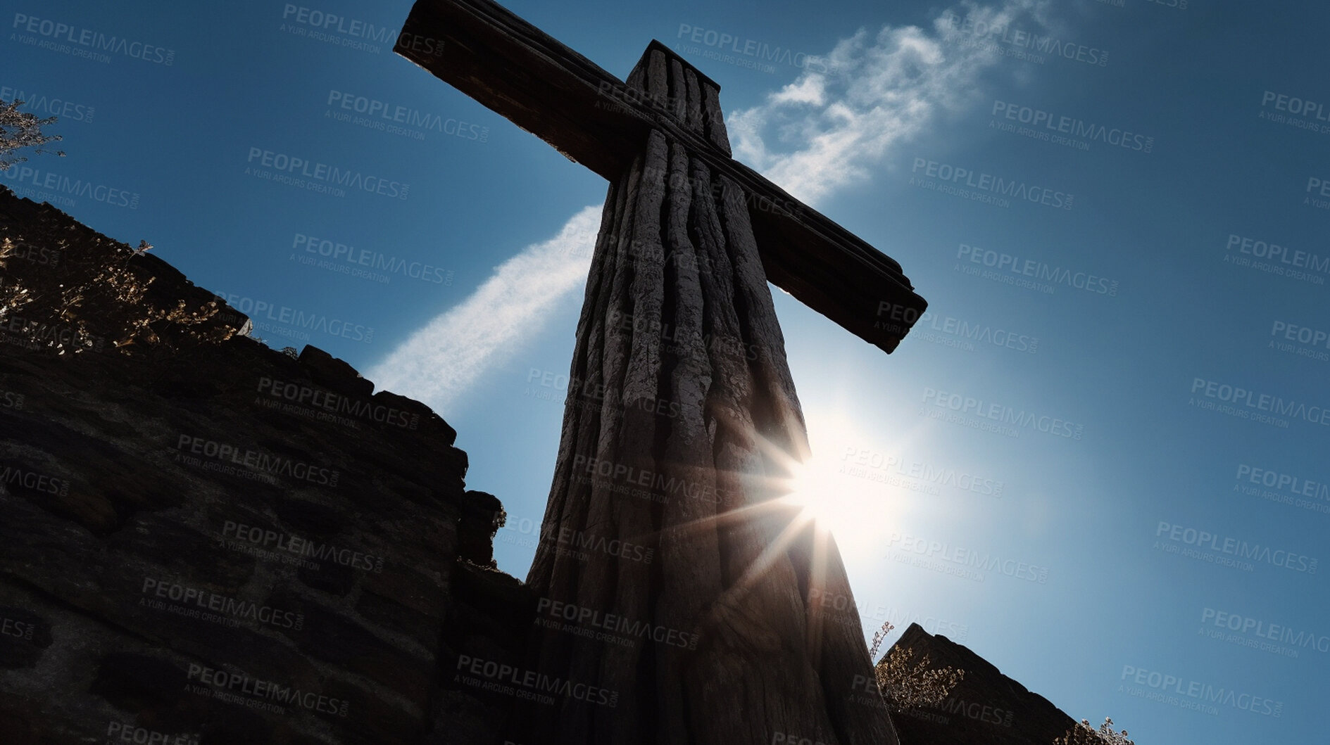 Buy stock photo Low angle, wood and cross statue in church garden for religion, spirituality or Catholic faith. Ai generated, monument or symbol for Christianity prayer, calm or peace in hope, crucifixion or belief
