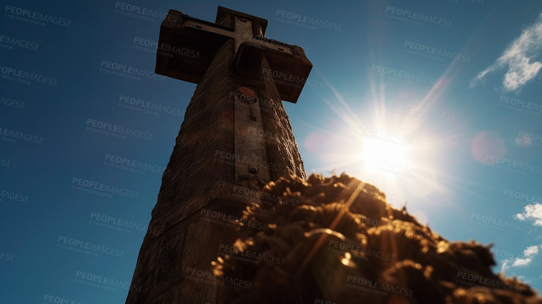 Buy stock photo Low angle, stone or cross statue by blue sky for religion, spirituality hope or Catholic faith. Ai generated, church monument or symbol of Christianity prayer, calm or peace in crucifixion belief