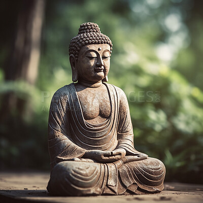 Closeup, stone and buddha statue in temple garden for religion, spirituality and Buddhism faith. Ai generated, monument and symbol for Buddhist zen, calm and peace in hope, meditation and belief