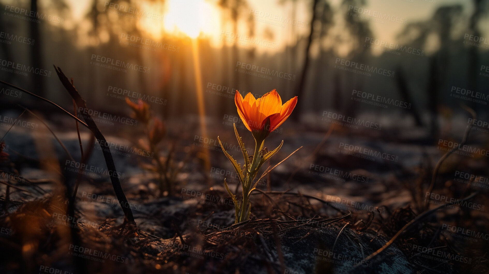 Buy stock photo Closeup, flower and crocus plant growth in nature, forest and ai generated woods for sustainability