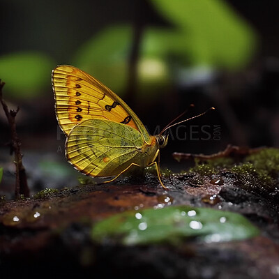 Closeup, butterfly and flying insect in nature woods for forest, sustainability and ai generated bug