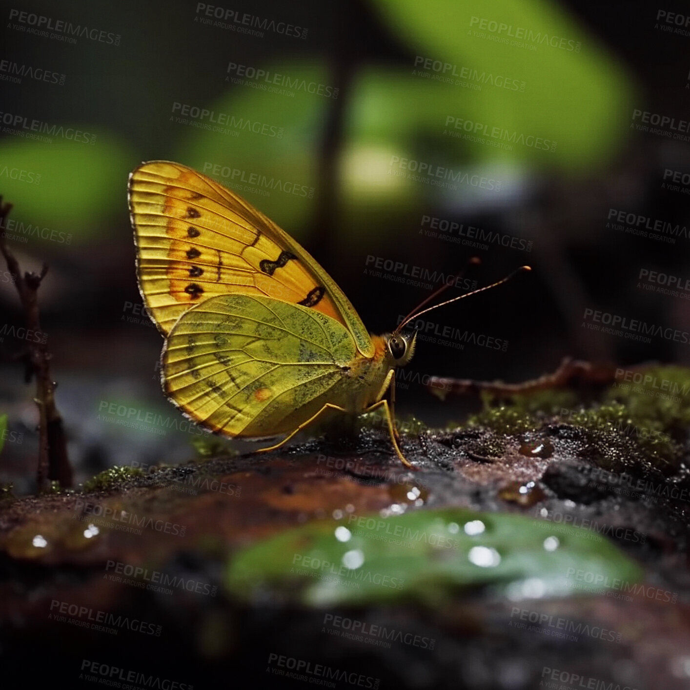 Buy stock photo Closeup, butterfly and flying insect in nature woods for forest, sustainability and ai generated bug