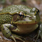 Closeup, green frog and amphibian in nature forest for biology, sustainability and ai generated