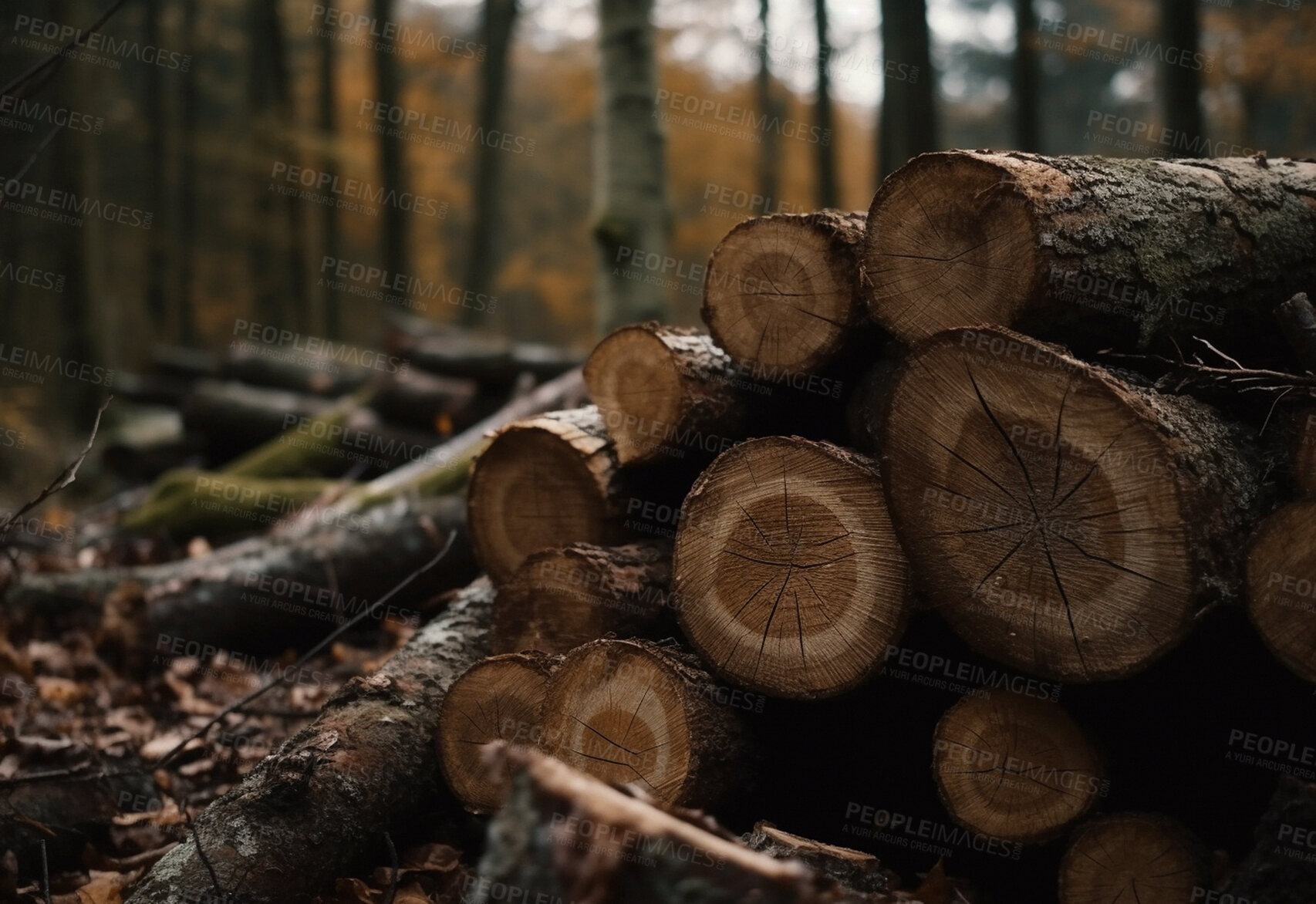 Buy stock photo Closeup wood, log and forest for deforestation, harvest trees and ai generated lumber industry