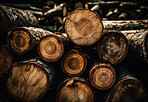 Closeup of trees, log and wood in forest for deforestation, harvest and ai generated lumber industry