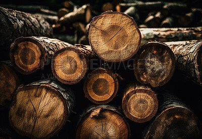 Buy stock photo Closeup of trees, log and wood in forest for deforestation, harvest and ai generated lumber industry