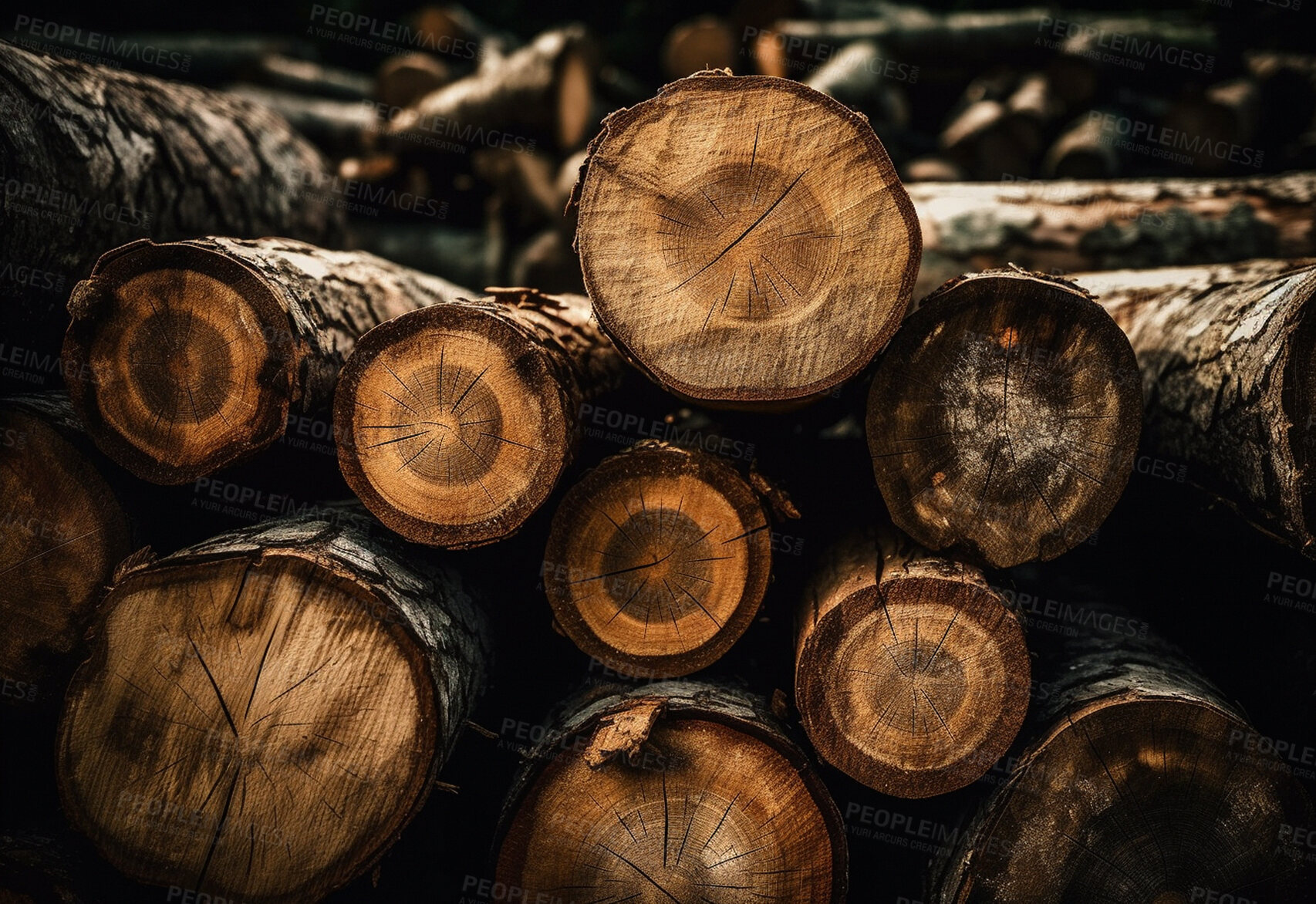 Buy stock photo Closeup of trees, log and wood in forest for deforestation, harvest and ai generated lumber industry