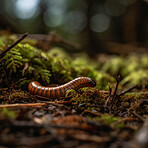 Closeup, centipede and ground bug in nature woods for forest, sustainability and ai generated insect