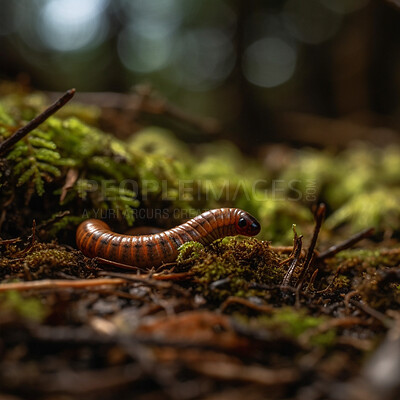 Buy stock photo Closeup, centipede and ground bug in nature woods for forest, sustainability and ai generated insect