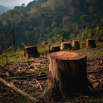 Closeup wood, tree stump and forest in deforestation, harvest trees and ai generated lumber industry